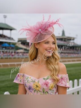 Kentucky Derby Hat KY Oaks Fascinator Elegant Pink Feather Statement Headwear